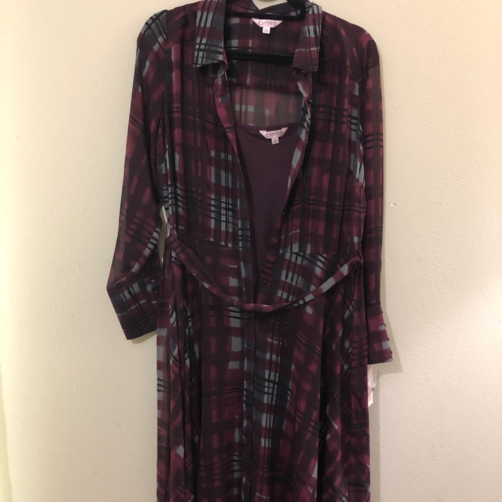 Nannette maroon plaid shirt dress w/ attached slip